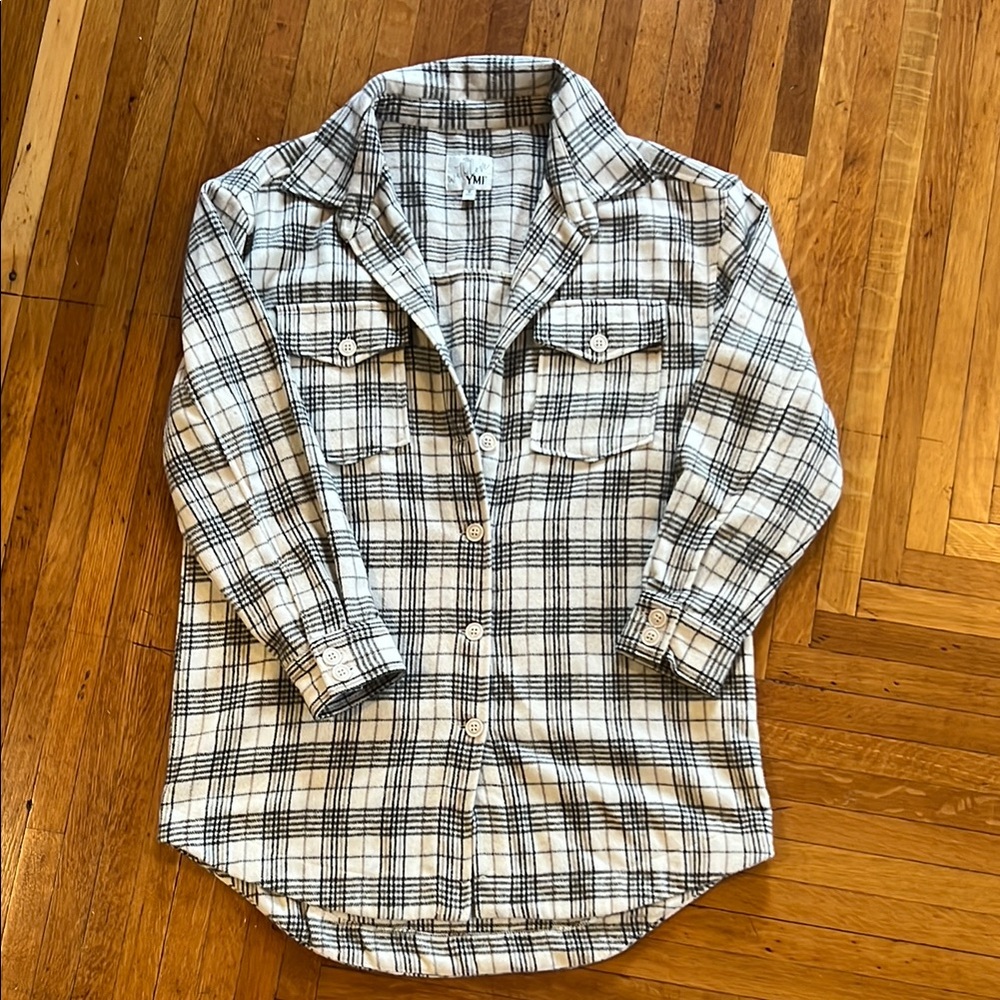 White and Black Plaid Button-Up Shirt